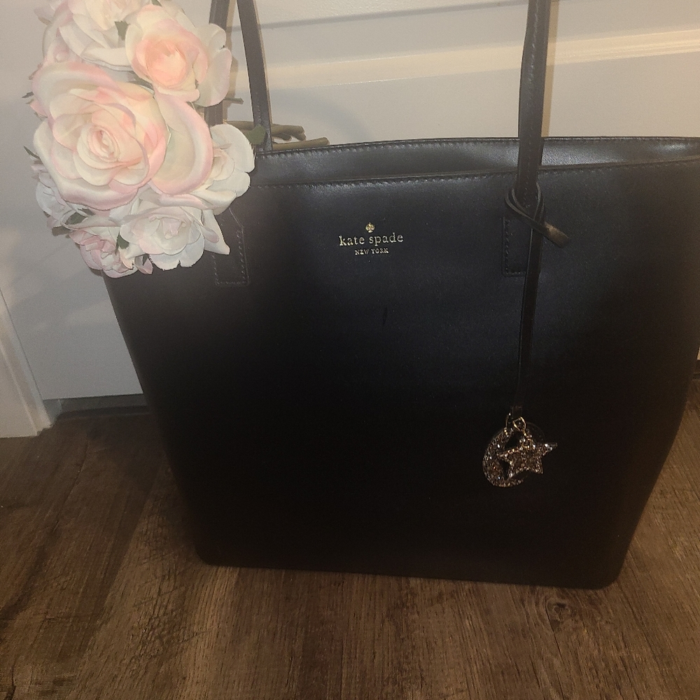 kate spade Black Leather Tote with Gold Accent Charm
